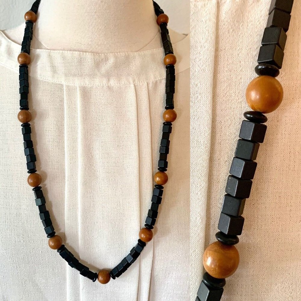 vintage Bohemian Wooden beaded Necklace Exotic Black Brown Mixed Shapes